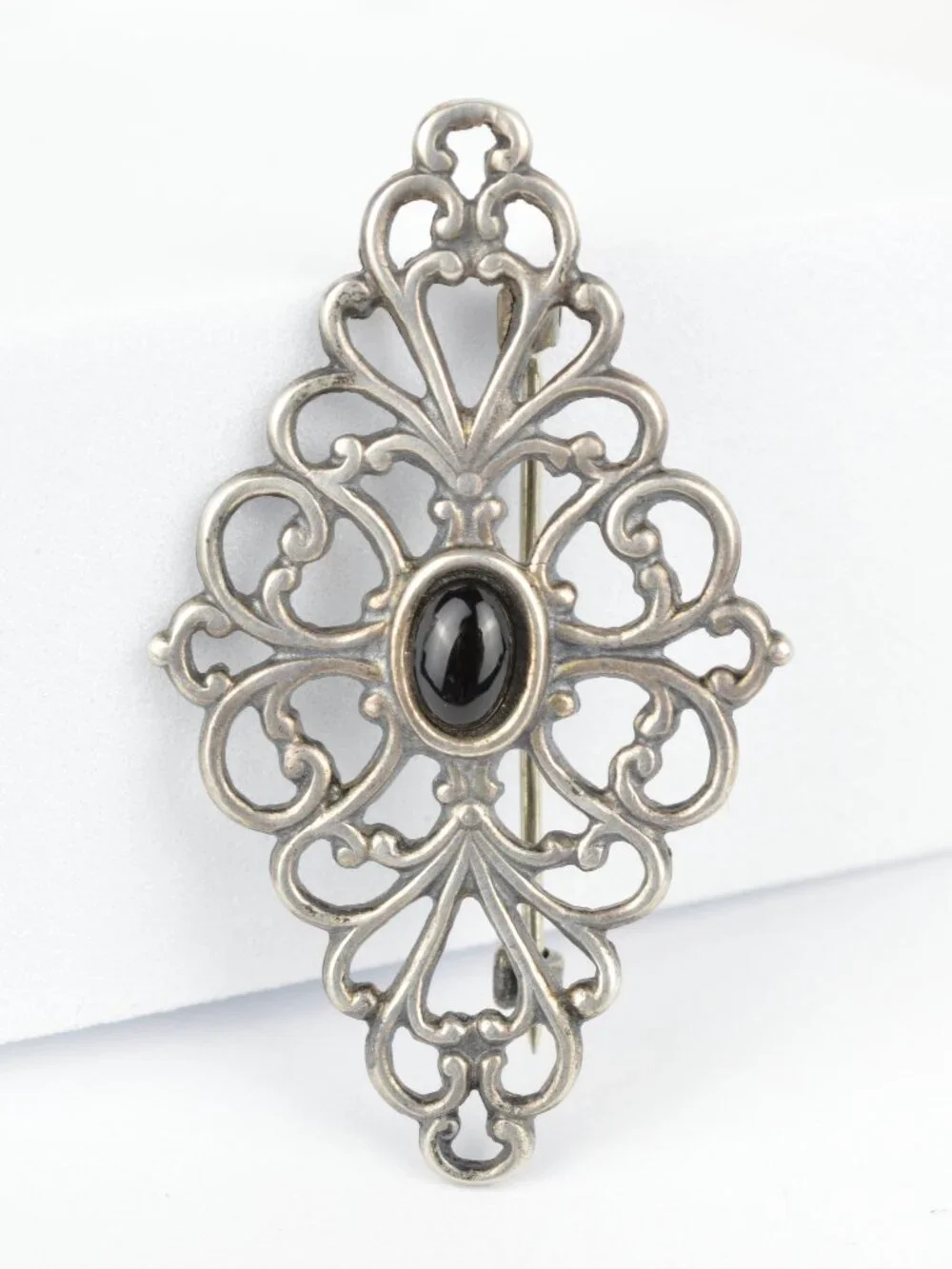 Vintage Sterling Silver Black Onyx Filigree Brooch Pin Victorian Revival 1.75